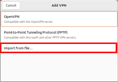 A screenshot showing the process of importing an OpenVPN file in Ubuntu.
