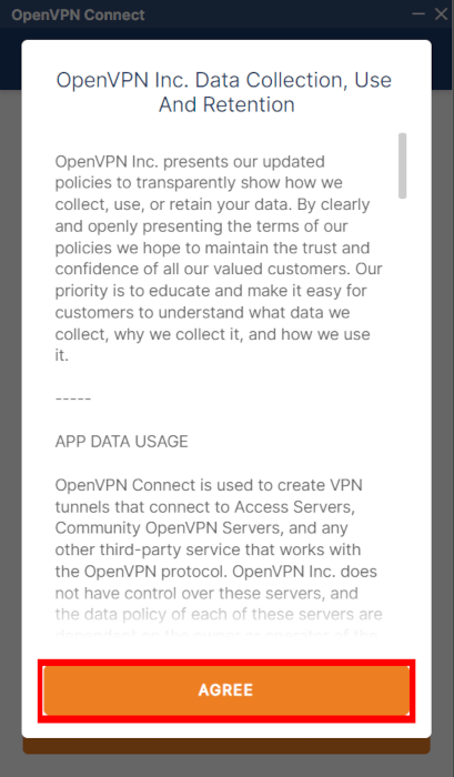 A screenshot showing the Data Collection Policy agreement screen for OpenVPN.