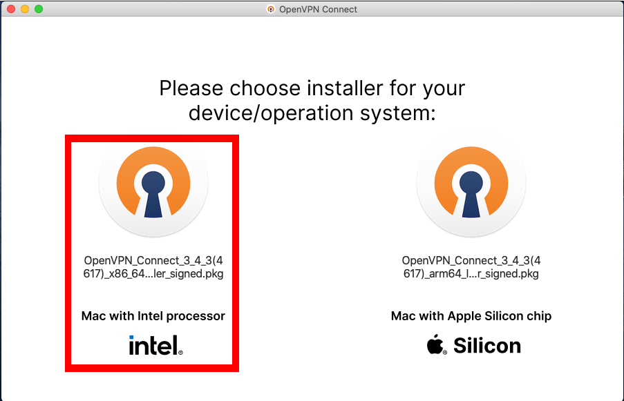 A screenshot showing the two different binaries for OpenVPN in Mac.