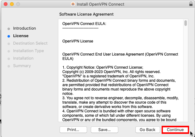 A screenshot showing the License Agreement prompt for the OpenVPN client.