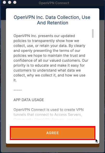 A screenshot showing the Data Collection policy of the OpenVPN Client.