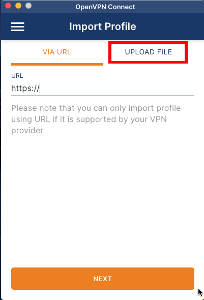 A screenshot highlighting the Upload File tab for the OpenVPN client.
