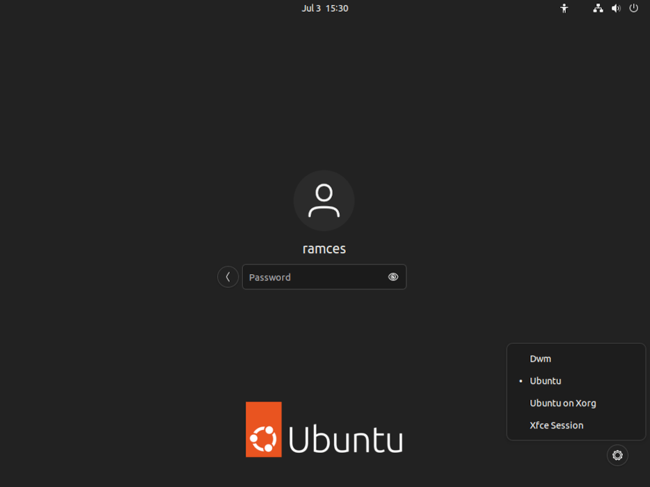 A screenshot of the Ubuntu GDM screen showing multiple available desktop sessions.