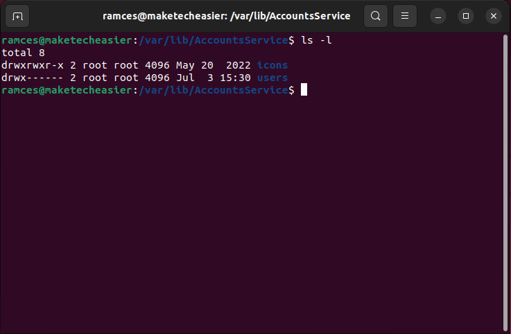 A terminal showing the contents of the AccountsService folder.