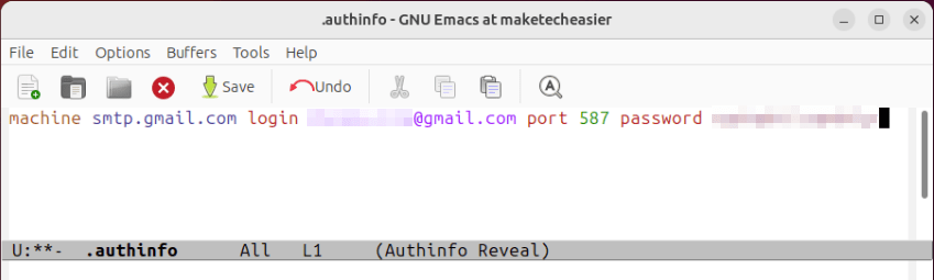 A screenshot showing a sample credentials for email in Emacs.
