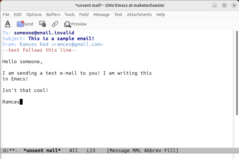 A screenshot showing a sample email using SMTP sendit in Emacs.