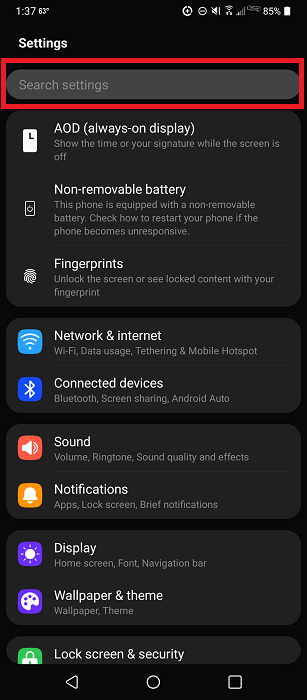 Using the Search option in Android Settings.