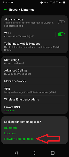 Resetting all network settings on Android to fix mobile data not working.