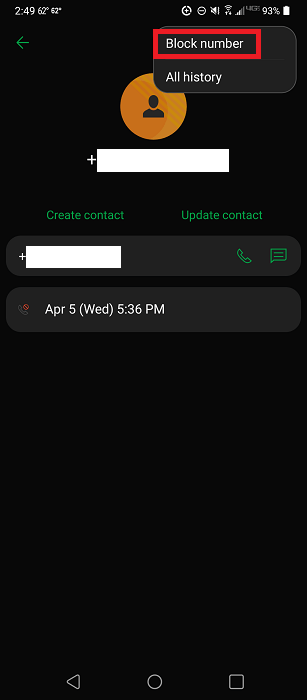 Bringing up the "Block" option from Contact view in Google Phone app. 