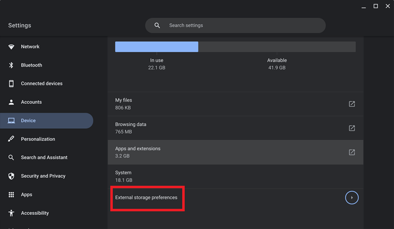Turn on external storage devices on Chromebook.