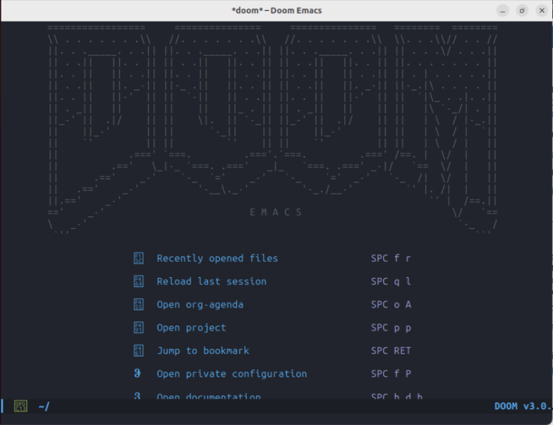 A screenshot showing the default Doom Emacs welcome screen.
