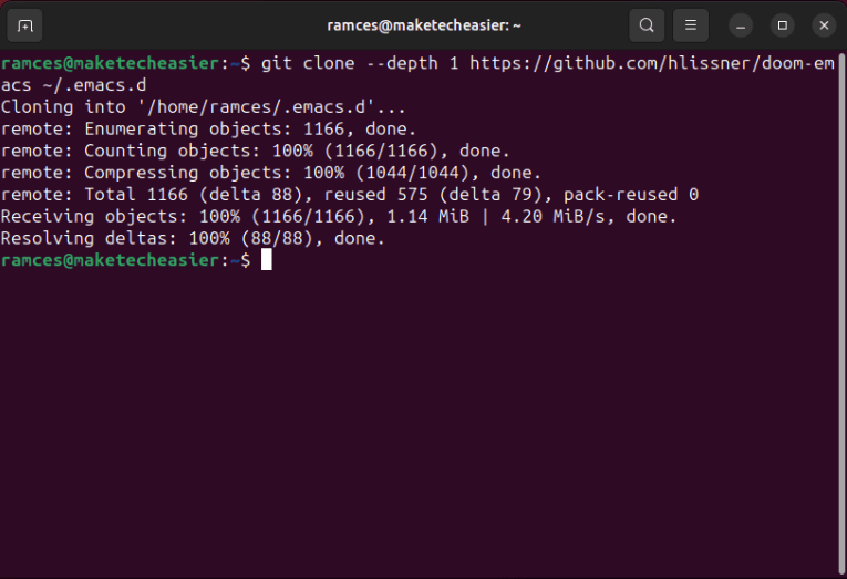 A terminal showing the Git clone process for the Doom Emacs repository.