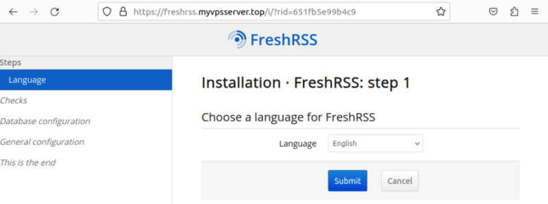 A screenshot showing the language selection prompt for FreshRSS.