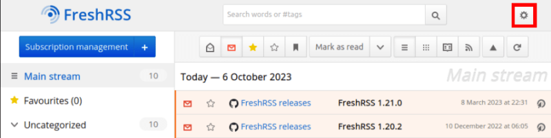 A screenshot highlighting the settings button for FreshRSS.
