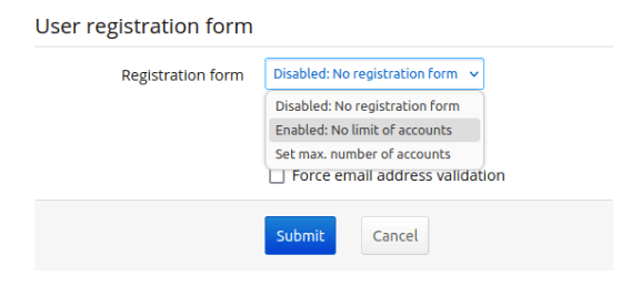 A screenshot showing the registration toggle for the FreshRSS instance.