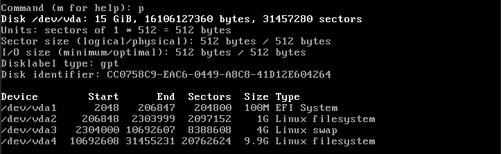 A terminal showing the new partition table layout for Gentoo Linux.