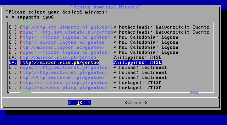 A terminal showing the available download mirrors for Gentoo Linux.