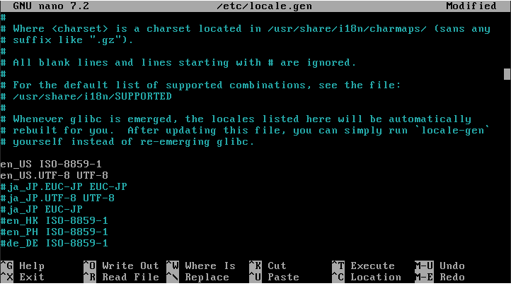 A terminal showing the process of setting the system locale.