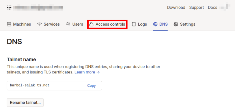 A screenshot highlighting the "Access controls" tab on the Tailscale Admin Console.