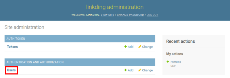 A screenshot highlighting the Users link in Linkding admin panel.
