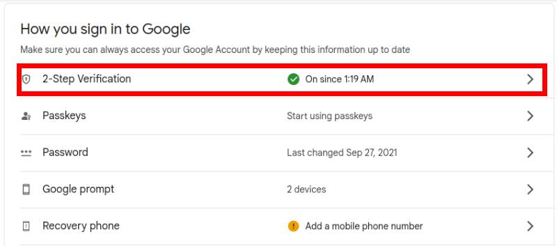 A screenshot highlighting the "2-Step Verification" option.