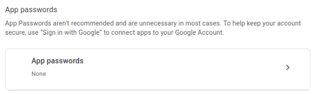 A screenshot showing the "App passwords" button for the Gmail account.