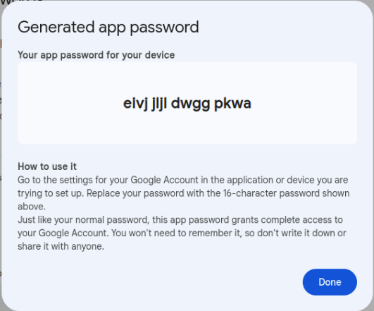 A screenshot showing an example App password.