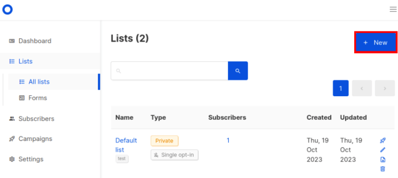 A screenshot highlighting the "New" button inside the Lists category.