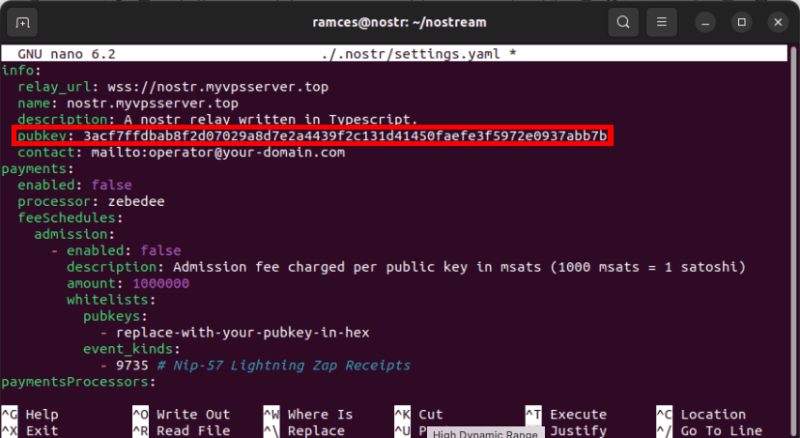 A terminal highlighting the Nostr public key of the instance's administrator.