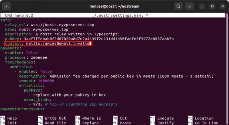 A terminal highlighting the email address of the instance's administrator.