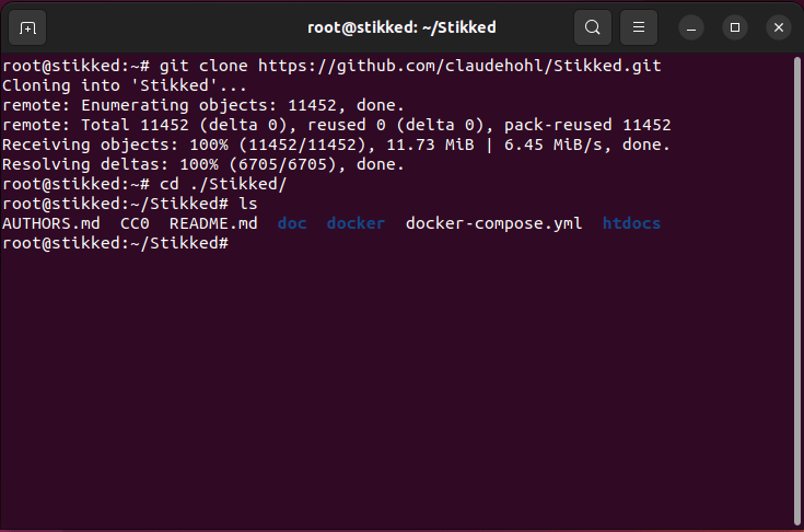 A terminal showing the git clone process for the Stikked repository.