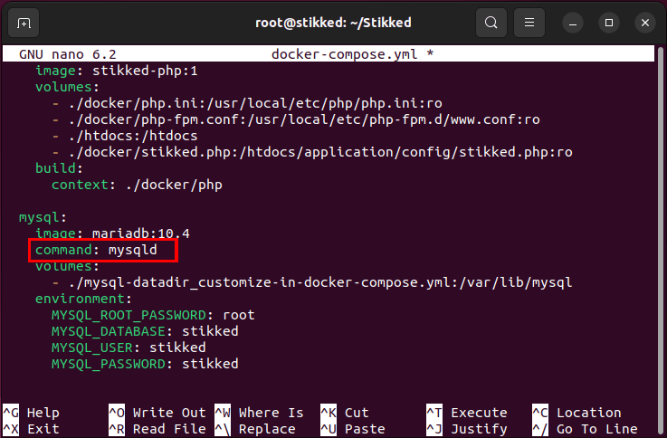 A terminal showing the new mysql command for the docker container.