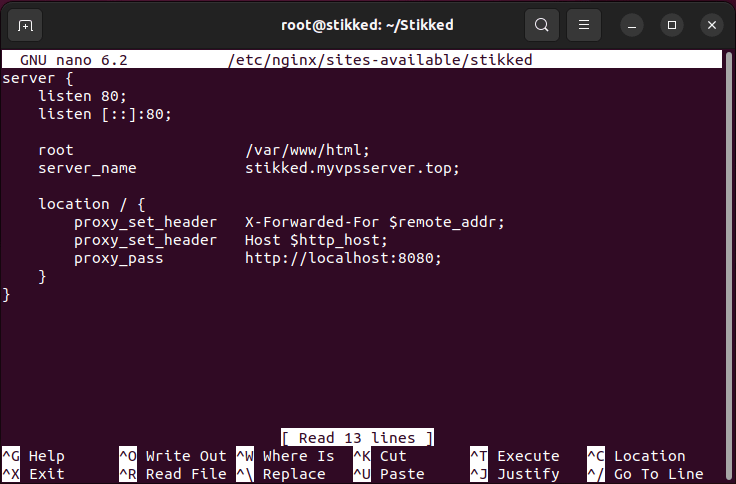 A terminal showing an example Nginx reverse proxy configuration.