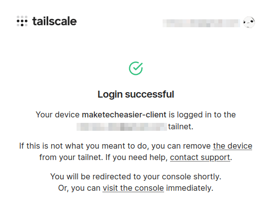 A screenshot showing the proper addition of a client to the Tailscale network.