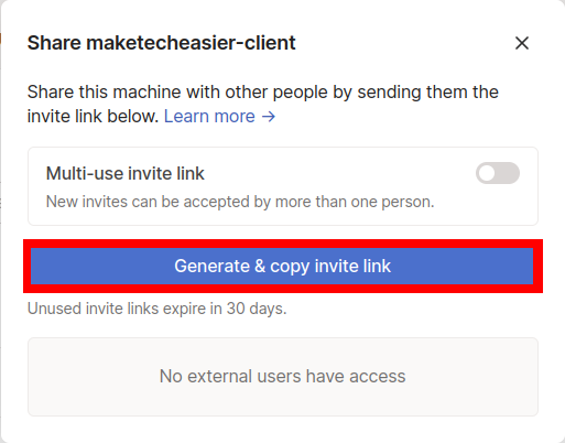 A screenshot showing the location of the Invite Link for the current machine.