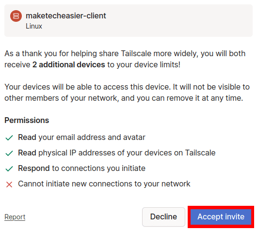 A screenshot showing the device confirmation for the external Tailscale network.