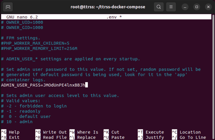 A terminal showing the secure password for the Tiny Tiny RSS administrator.
