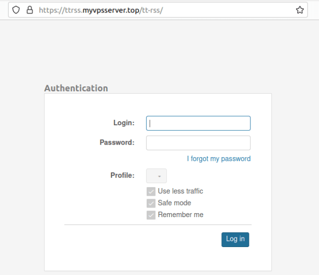 A screenshot showing login page for Tiny Tiny RSS.