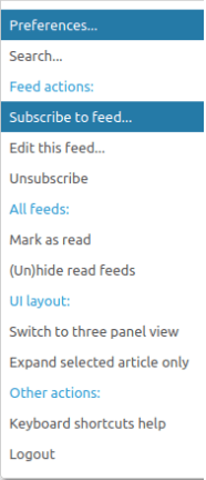 A screenshot showing the "Subscribe to feed..." option under the Tiny Tiny RSS menu.