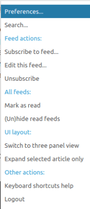 A screenshot highlighting the "Preferences..." option under the Tiny Tiny RSS Menu button.