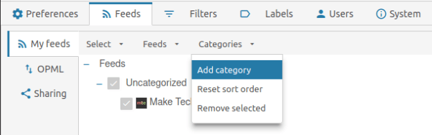 A screenshot highlighting the "Add category" option for existing feeds.