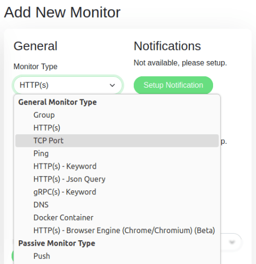 A screenshot showing the different types of monitor available.