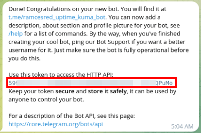 A screenshot highlighting the unique token for your new notification bot.