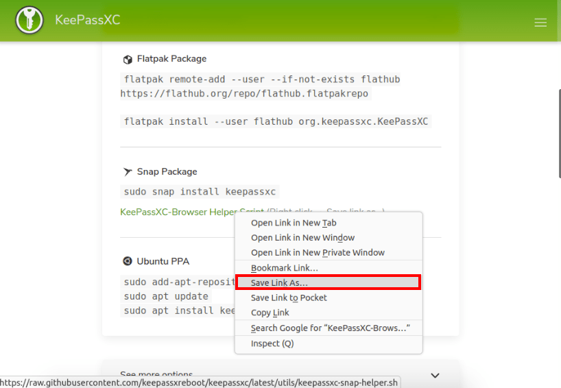 A screenshot highlighting the download link for the KeePassXC helper script.