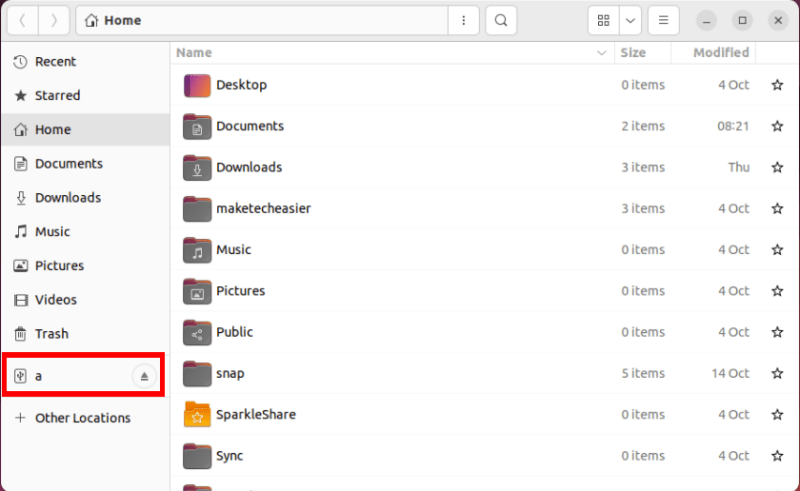 A screenshot of the default file manager in Ubuntu with a highlight on the attached external drive.