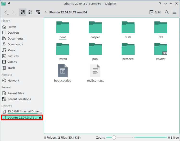 A screenshot that highlights the Devices category and the contents of the mounted ISO file inside Dolphin.