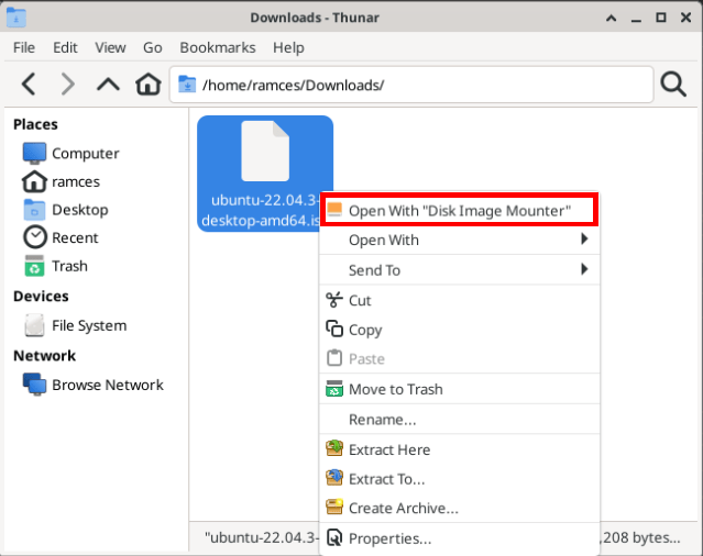 A screenshot that highlights the Disk Image Mounter option inside the Thunar File Manager.