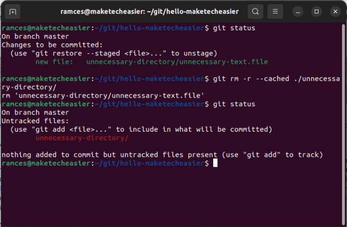A terminal showing the process of removing a directory from the active stash.
