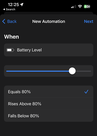 Shortcuts Automation Battery Equals 80